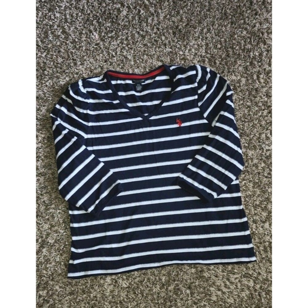 U.S. Polo Womens Pullover Metallic Silver Navy & White Stripes 3/4 Sleeve SZ XXL